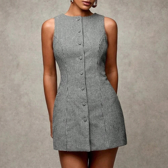 Black Casual Women's Plaid Round Neck Sleeveless Button Front Mini Dress - Picture 3 of 6